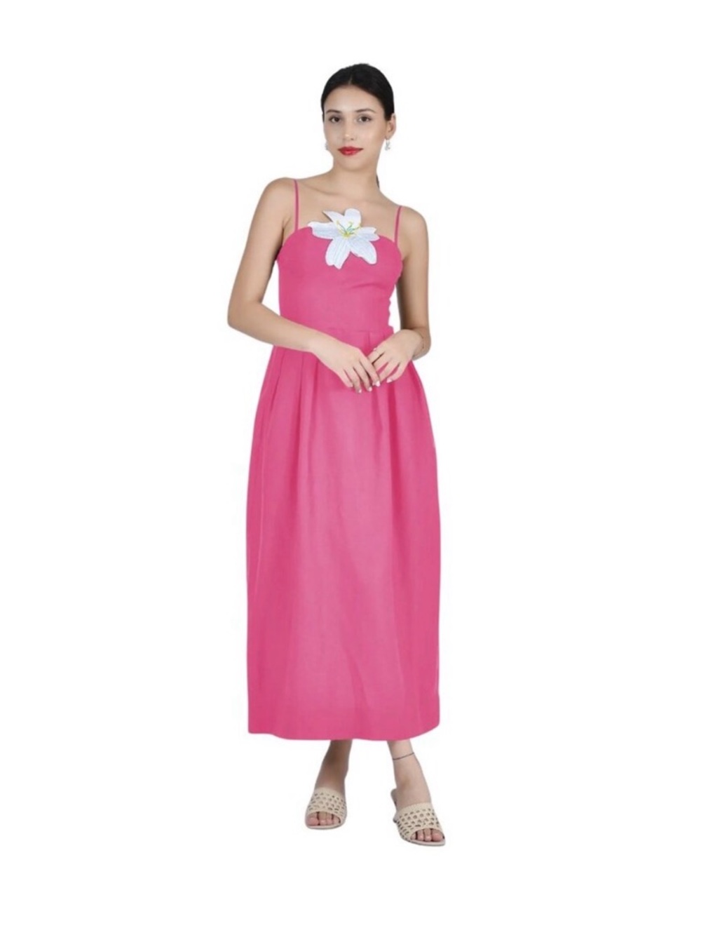 Fanm Mon Pink Spaghetti-Strap Midi Dress with White Floral Detail